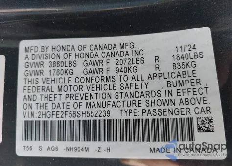 2025 Honda Civic Sport z USA, uszkodzony, nr VIN 2HGFE2F56SH552239